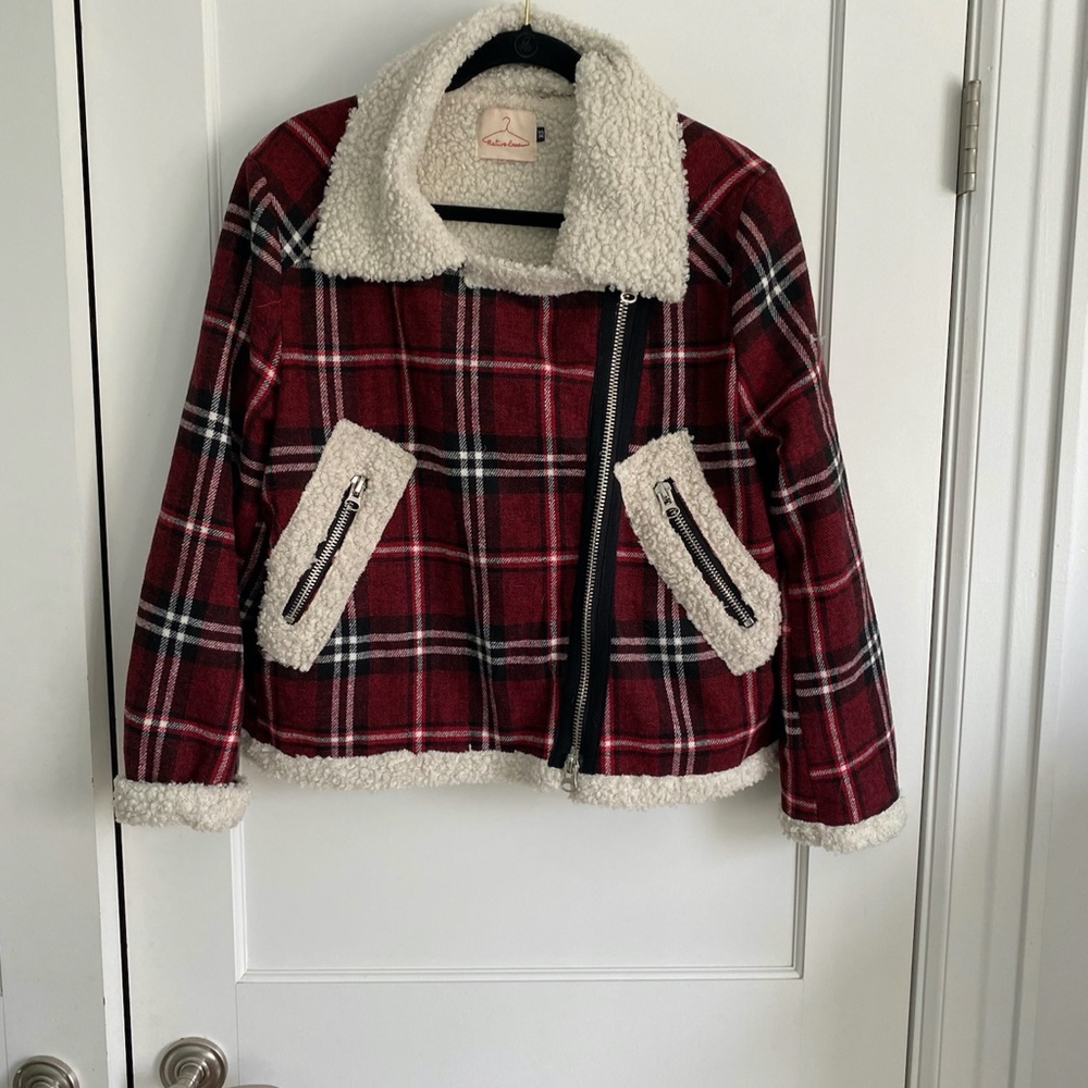 NWOT Native Rose Plaid Jacket Faux Shearling Moto Jacket - Picture 4 of 7
